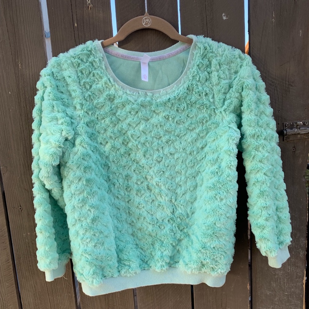 Girls fuzzy aqua teddy sweater